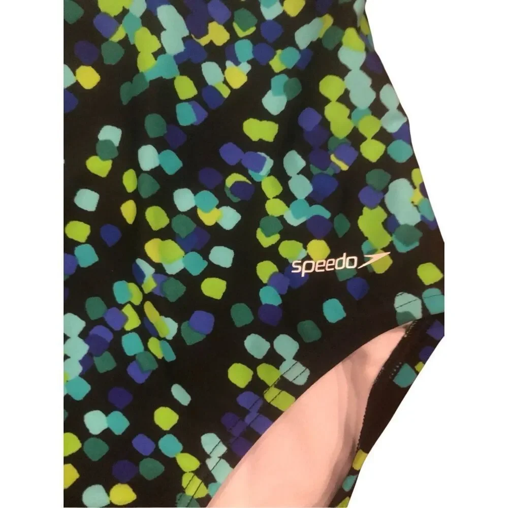 Speedo classic racerback swimsuit with a vibrant blue and green patterned print
